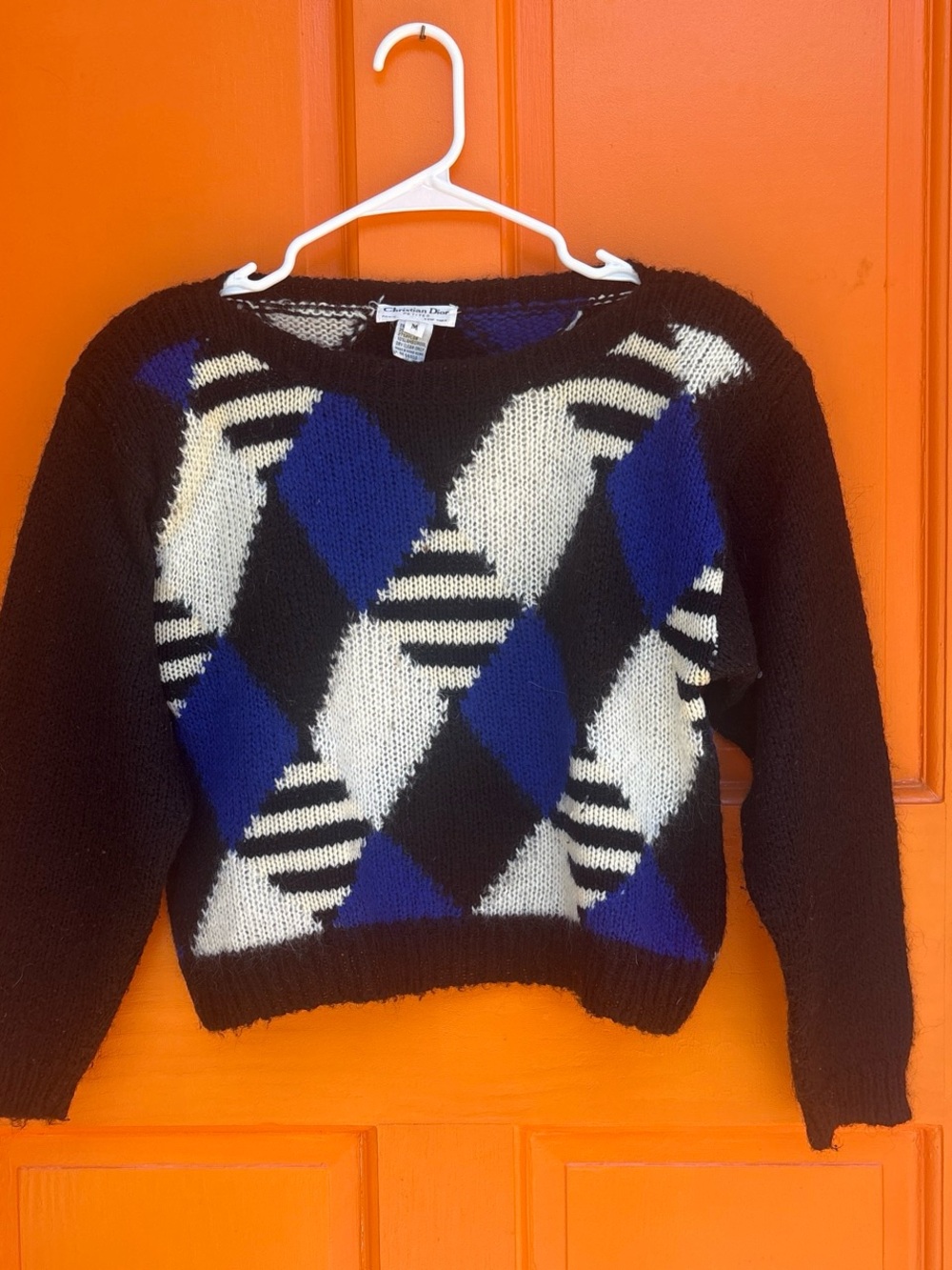 Vintage 80s Christian Dior Black, Blue & White Geometric Crewneck Sweater